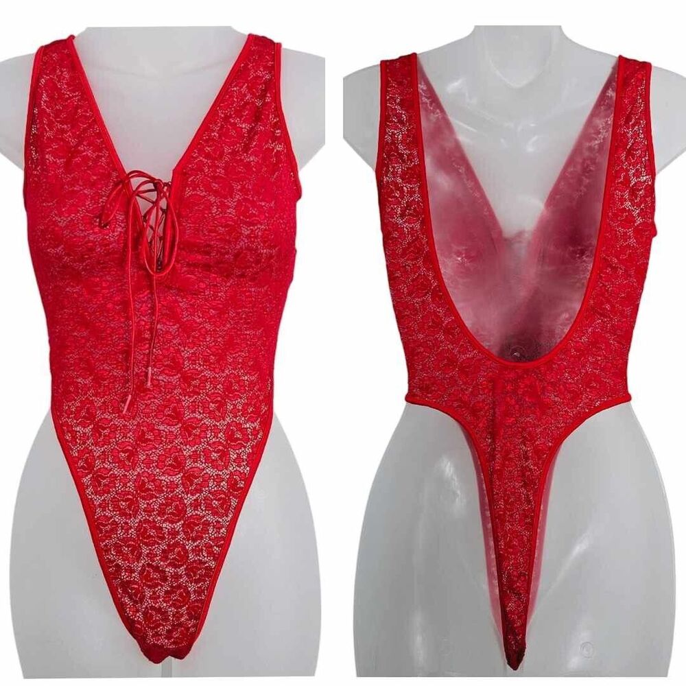 Vintage Lotions N Lace Red Lace Teddy Size Large Bodysuit Lingerie High Cut